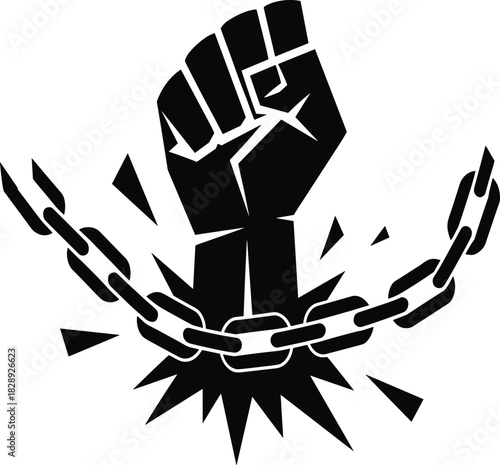 Strong raised clenched fist breaking metal chain, symbol of power revolution freedom fight justice strength revolt protest black lives matter