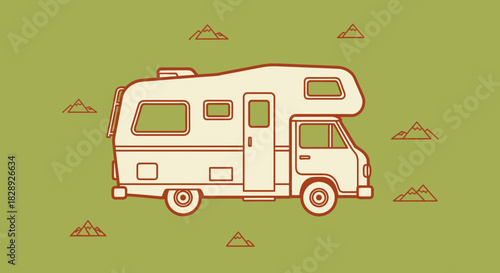 Minimalist camper van illustration on green background with mountain elements for adventurous travel