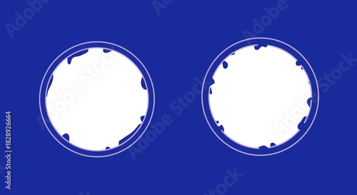 Abstract design featuring two circles with decorative edges on a blue background