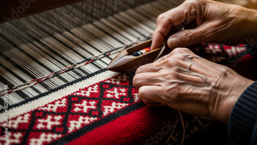 Close-up of elderly artisan hands using wooden shuttle to weave traditional red Sadu patterns on loom
