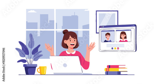 A cheerful woman participates in a video conference from her home office, communicating with colleagues on a laptop while working, surrounded by plants and books.