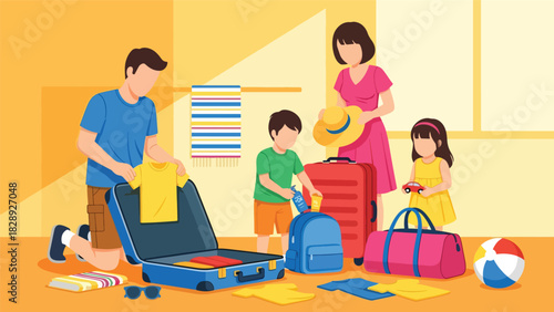 Family packing suitcases and preparing for a summer vacation together. Ideal for travel content, family lifestyle, holiday planning, and joyful seasonal illustrations
