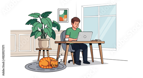 A digital illustration depicts a man working on a laptop at a wooden desk in a bright room with a houseplant and a sleeping orange cat on a rug nearby.