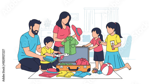 Family packing suitcases and preparing for a summer vacation together. Ideal for travel content, family lifestyle, holiday planning, and joyful seasonal illustrations