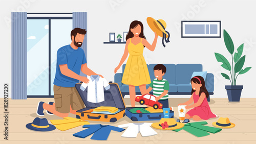 Family packing suitcases and preparing for a summer vacation together. Ideal for travel content, family lifestyle, holiday planning, and joyful seasonal illustrations