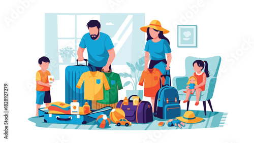 Family packing suitcases and preparing for a summer vacation together. Ideal for travel content, family lifestyle, holiday planning, and joyful seasonal illustrations