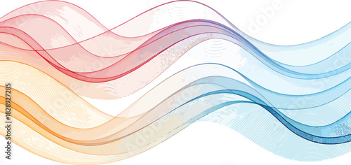 Gentle pastel ocean waves art with flying birds and calm sky.