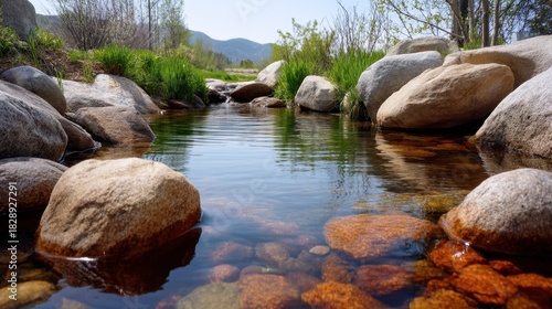Tranquil Stream with Clear Waters, Smooth Stones, and Lush Greenery Near Majestic Mountains Under Bright Blue Sky in Springtime Serenity