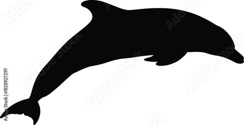 Silhouette of a dolphin in side profile with curved dorsal fin and beak-like snout for marine design themes