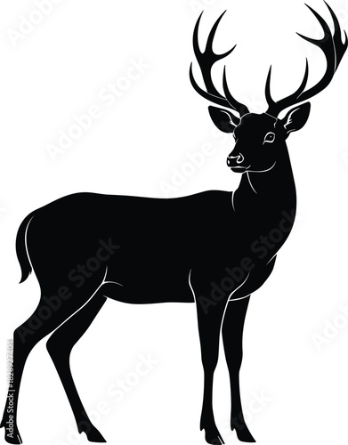 Silhouette of a standing deer with large branched antlers in profile view for wildlife and nature-themed design