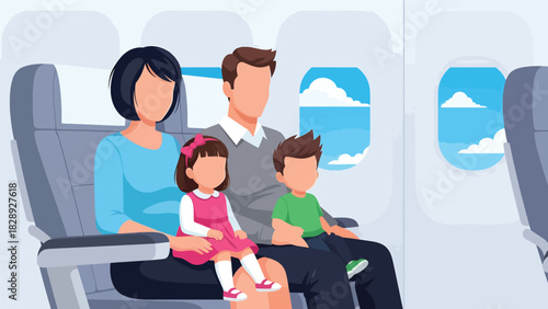 Family sitting comfortably in airplane seats while traveling for their summer holiday. Ideal for aviation, family travel, and vacation journey themes