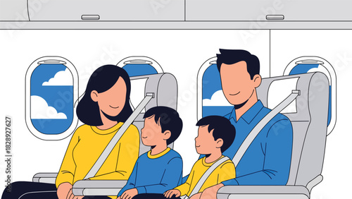 Family sitting comfortably in airplane seats while traveling for their summer holiday. Ideal for aviation, family travel, and vacation journey themes