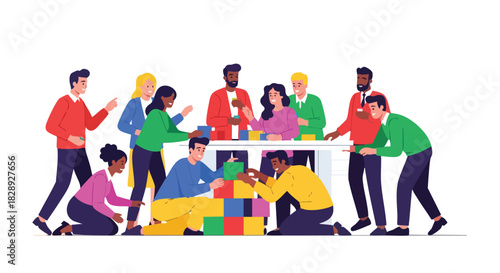 A diverse group of people collaborates on a building project, constructing a structure with colorful blocks, symbolizing teamwork and the achievement of a shared goal in a vibrant environment.