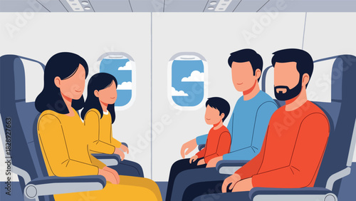 Family sitting comfortably in airplane seats while traveling for their summer holiday. Ideal for aviation, family travel, and vacation journey themes