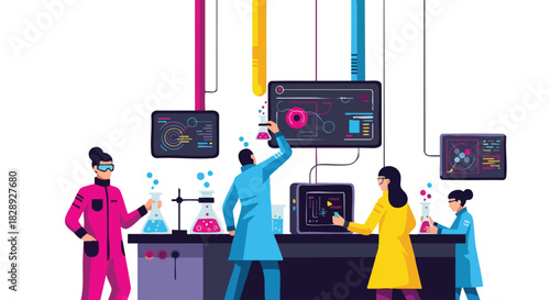 A vibrant illustration showcases a team of scientists in a modern laboratory, conducting experiments with beakers, monitors, and colorful liquids, exploring scientific concepts.