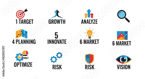 A collection of colorful business icons representing concepts like growth, planning, innovation, market analysis, risk assessment, and vision, suitable for presentations and marketing materials.