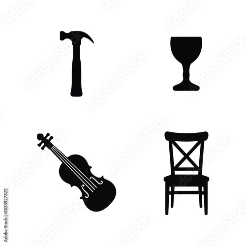 Four black silhouette icons of a hammer, wine glass, violin, and chair Keywords: hammer, tool, construction