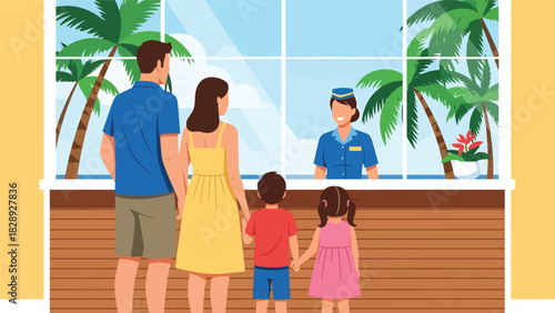 Family checking into a beach resort for their summer holiday. Ideal for travel lifestyle, resort stay, tourism, and family vacation illustrations