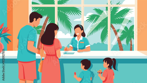 Family checking into a beach resort for their summer holiday. Ideal for travel lifestyle, resort stay, tourism, and family vacation illustrations