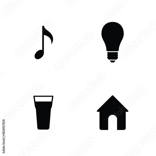 Four black silhouette icons of a musical note light bulb beer glass and house eighth note