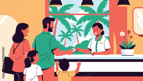 Family checking into a beach resort for their summer holiday. Ideal for travel lifestyle, resort stay, tourism, and family vacation illustrations