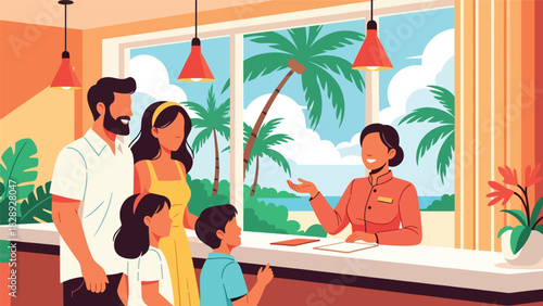 Family checking into a beach resort for their summer holiday. Ideal for travel lifestyle, resort stay, tourism, and family vacation illustrations