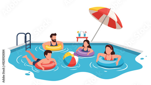 Family swimming and relaxing in a hotel pool during their summer vacation. Ideal for holiday fun, leisure activities, and sunny travel lifestyle scenes