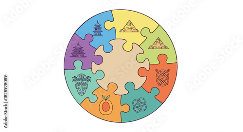 A colorful puzzle illustration depicting various cultural symbols, representing global unity and diverse heritage, arranged in a circular jigsaw formation, on a clean white background.
