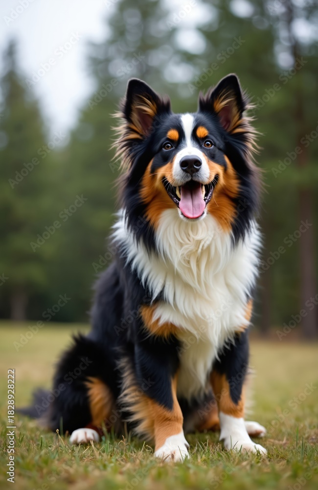 Fototapeta premium Bernese Mountain Dog sits happily outdoors on green grass with tongue out. This tri colored purebred canine has black brown and white fur. Its ears are perky and eyes are dark.