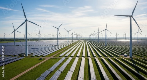 Solar panels and wind turbines create a sustainable energy landscape view
