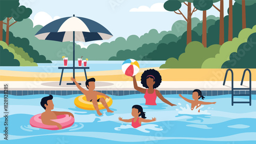 Family swimming and relaxing in a hotel pool during their summer vacation. Ideal for holiday fun, leisure activities, and sunny travel lifestyle scenes