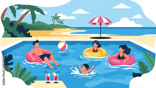 Family swimming and relaxing in a hotel pool during their summer vacation. Ideal for holiday fun, leisure activities, and sunny travel lifestyle scenes