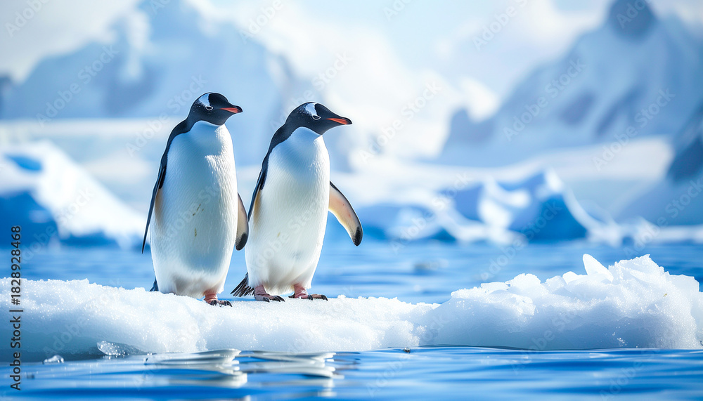 Fototapeta premium Two gentoo penguins standing on ice floe in icy antarctic waters.
