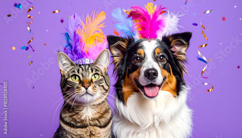 cute little dog and cat in festive hat with feathers