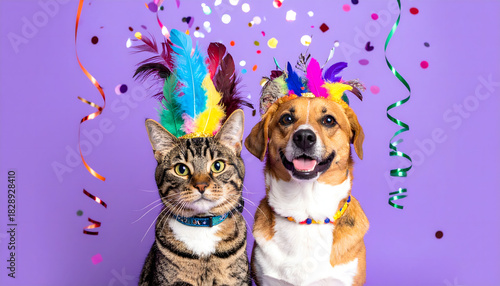 cute little dog and cat in festive hat with feathers