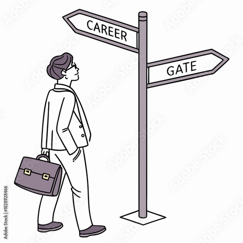 Businessperson stands at a crossroads sign contemplating career path versus a gate opportunity