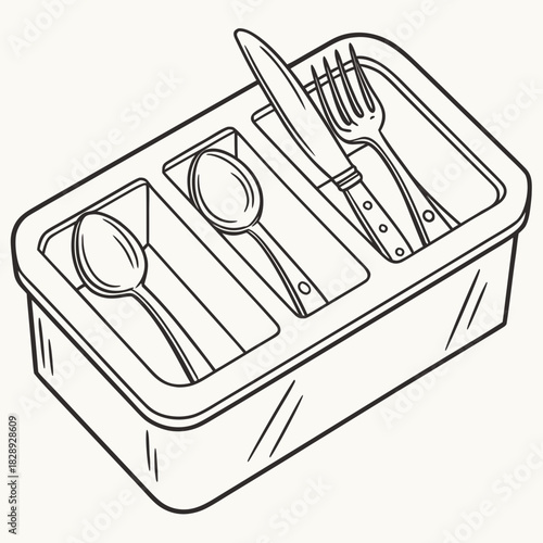 Clean line art illustration of a drawer organizer tray holding silverware including spoons forks and knives