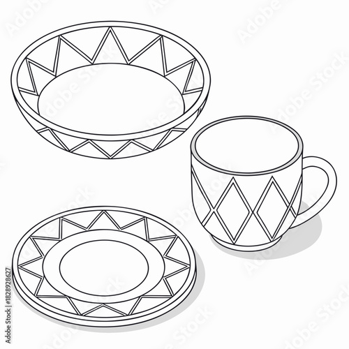 Clean line art isometric illustration of decorative bowl cup and plate set