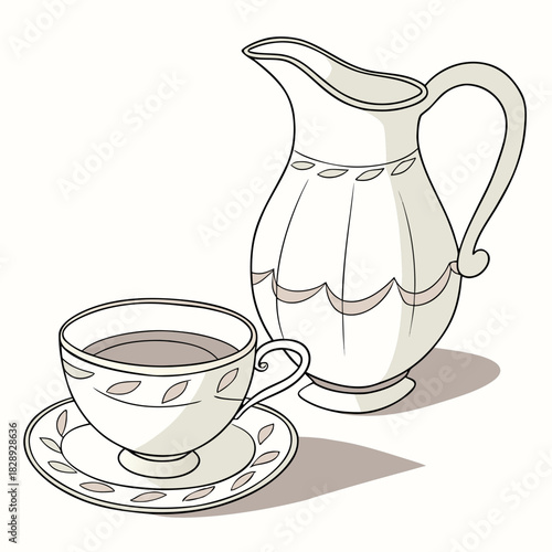 Elegant white porcelain teacup and saucer with a matching pitcher filled with dark liquid