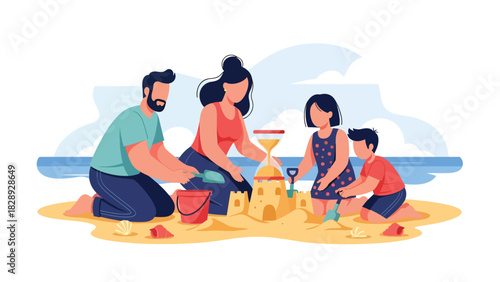 Family building a sandcastle together on the beach during a summer holiday. Ideal for playful family bonding, outdoor activities, and travel visuals