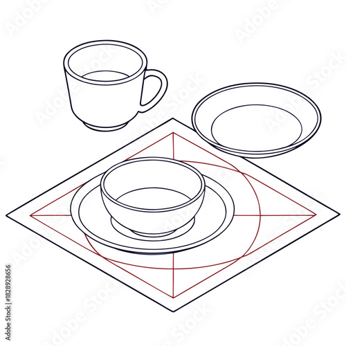 Isometric line art illustration of a place setting with a cup and saucer and a bowl on a placemat with geometric guides