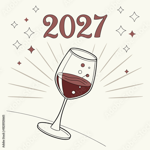 Happy new year 2027 celebration with a glass of red wine and sparkling stars