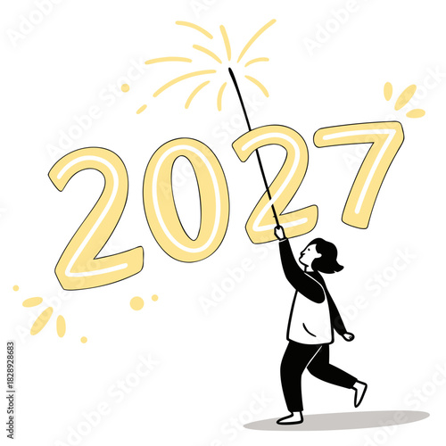 Person holding a sparkler igniting the year 2027 with festive fireworks and celebratory sparks