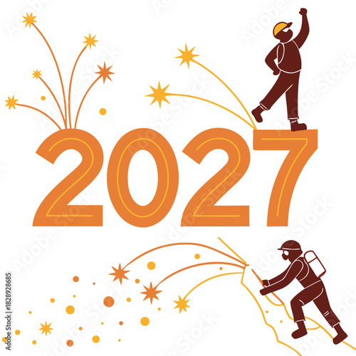 Two hikers celebrate the arrival of the new year 2027 with fireworks and a sense of accomplishment