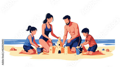 Family building a sandcastle together on the beach during a summer holiday. Ideal for playful family bonding, outdoor activities, and travel visuals