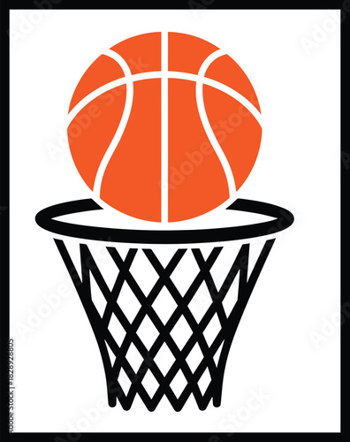 Orange basketball falling through a black hoop and net, vector icon