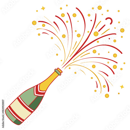 Champagne bottle exploding with red and gold celebratory streamers and bubbles for a festive occasion