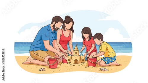 Family building a sandcastle together on the beach during a summer holiday. Ideal for playful family bonding, outdoor activities, and travel visuals