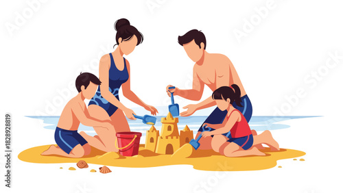 Family building a sandcastle together on the beach during a summer holiday. Ideal for playful family bonding, outdoor activities, and travel visuals