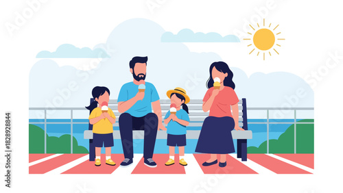 Family enjoying ice cream cones outdoors during a warm summer day. Ideal for seasonal treats, lifestyle moments, and family holiday joy